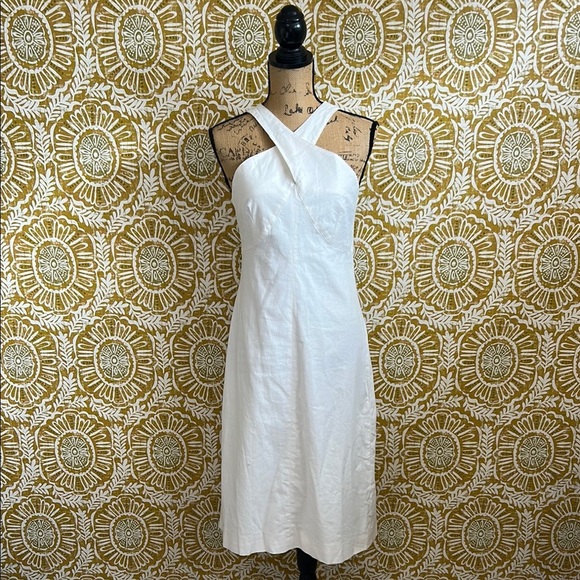 NWT Banana Republic Linen Blend Crossover Neck Sleeveless Midi Dress $160 Sz 6P - Picture 2 of 12